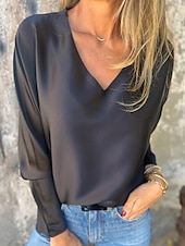 preiswerte Damen Einfache Oberteile-Damen Hemd Bluse Einfach Modern Lässig Langarm V Ausschnitt Normale Oberteile Täglich Ausgehen Schwarz Champagner Braun Aprikose Grau Herbst