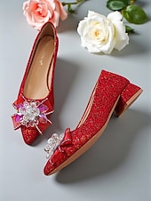 economico Formale-scarpe da sposa da donna con tacco basso e blocco in pizzo glitterato - eleganti décolleté da sposa con punta a punta e fiocco di cristalli per spose, damigelle ed eventi formali