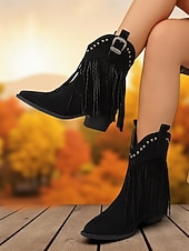 abordables Cowboy y botas occidentales-Botines de ante con flecos para mujer, ribete tachonado y hebilla estilo western, estilo vaquero bohemio.