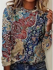 ieftine tricou boho-Pentru femei Tricou Imprimeu Floral Grafic Imprimeu Paisley Epocă Modă Stilat Manșon Lung Stil Nautic Rotund Topuri obișnuite Zilnic Sfârșit de săptămână Albastru piscină Albastru Prăfuit Mov