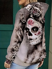 preiswerte Halloween Sweatshirt und Hoodie-Damen Kapuzenpullover Grafik Schädel Mode Lässig Druck Langarm Mit Kapuze Normale Oberteile Straße Alltagskleidung Kordelzug Druck Grau Herbst Winter