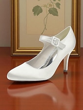 voordelige Cocktail-Champagnekleurige satijnen Mary Jane-hakken voor dames met kristallen gesp, elegante pumps met puntige neus voor cocktailparty&#039;s