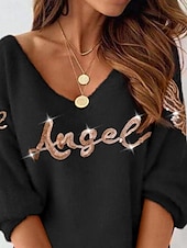 preiswerte Pulloverkleider-Damen Minikleid Freizeitkleid Winterkleid Shiftkleid Mode Modern Täglich Strand Wochenende Normale Passform Buchstabe Langarm V Ausschnitt Schwarz Sommer Frühling Herbst