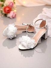 preiswerte Braut-Weiße, blumenverzierte Damen-Sandalen mit Blockabsatz – bequeme Hochzeitsschuhe mit Knöchelriemen, Brautschuhe, perfekt für Hochzeiten und besondere Anlässe