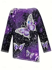 tanie Koszulka ze zwierzętami-Damskie Podkoszulek Nadruk Asymetryczny/a Graficzny Geometryczny Motyl Zabytkowe Elegancki Codzienny Długi rękaw Półgolf Długie topy Codzienny Żółty Fioletowy Zielony Wiosna Jesień