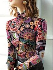 abordables T-shirt Boho-Femmes Tunique Fleuri Élégant Bohème ancien manche longue Col roulé Col haut Hauts Réguliers Sortir Noir Fuchsia Vert Automne Hiver
