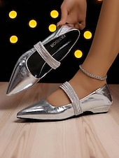 abordables Fête de la Vie Nocturne-Ballerines à bout pointu en cuir verni noir pour femmes - élégantes chaussures à enfiler avec bride en strass pour les soirées formelles et haut de gamme