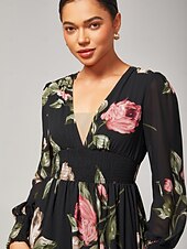 economico Abiti da festa-Abito per invitati in chiffon con volant floreale e maxi scollo a V. Abito per invitati