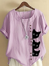 お買い得  シャツ-女性用 コットンリネンシャツ 動物 猫 エレガント 日常 スタイリッシュ 半袖 クルーネック レギュラートップス 日常 祝日 バケーションウェア ボタン ホワイト イエロー ネイビーブルー ブルー パープル 夏 春