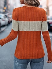 Недорогие Простые блузки-Жен. Вязаная ткань Пуловер Повседневные Стиль На каждый день Контрастных цветов Рельефный узор Вырез под горло Трикотаж Длинный рукав Обычные топы Вязать Повседневные Праздники На выход