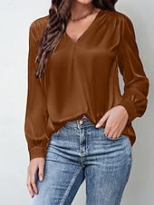 preiswerte Elegante Oberteile-Damen Hemd Bluse Einfach Modern Lässig Langarm V Ausschnitt Normale Oberteile Täglich Ferien Ausgehen Gerafft Schwarz Weiß Gelb Rosa Wein Herbst