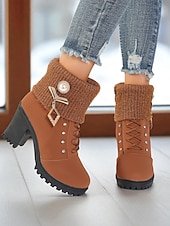 baratos Botas de tornozelo-Botas femininas de cano curto em malha preta com cadarço e strass e salto grosso - botas elegantes de inverno com salto para roupas de Natal e moda para o frio