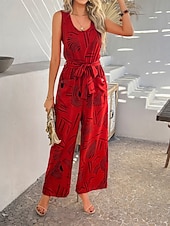 cheap Vacation Jumpsuit-Women's Normal Jumpsuit Active Geometric Sleeveless Wide Leg V Neck Lace up Print Daily Vacation Loose Fit Black Red Green Summer