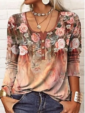billige Boho t-skjorte-Dame Tunika T skjorte Blomstret Grafisk Geometrisk Stilfull Fritid Bohem Langermet Crew-hals Vanlige topper Daglig Ut på byen Helg Svart Rød Oransje Brun Kakifarget Høst Vinter