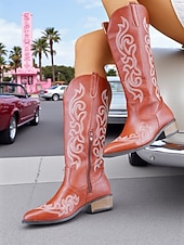 levne Cowboy &amp; Western Boots-Dámské kovbojské boty v westernovém stylu do poloviny lýtek – červená umělá kůže s bílou výšivkou, boční zip a nízký podpatek, ideální na country festivaly, rodeo outfity a ležérní podzimní streetwear.