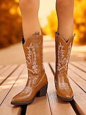 levne Cowboy &amp; Western Boots-Dámské semišové kovbojské boty s vyšívaným designem, westernové, s blokovým podpatkem do poloviny lýtek, retro styl, módní boty pro městské běžné nošení