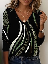 billige Dyrene tee-Dame Tunika T skjorte Leopard Fargeblokk Bokstaver Årgang Stilfull Fritid Langermet V-hals Vanlige topper Daglig Sport Helg Trykt mønster Rosa Blå Brun Grønn Vår Høst Vinter Vår, Høst, Vinter, Sommer