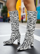 cheap Slouch Boots-Women's Zebra - Striped Slouchy Knee - High Block Heel Boots - Edgy Streetwear Shoes for Casual Hangouts and Night Events