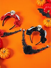 levne Halloweenské doplňky-Dámská květinová koruna v gotickém stylu s lebkou a kostrou, ideální pro halloweenský vzhled