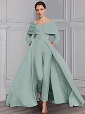 billige Mammas jumpsuits-Jumpsuit Mor til Bruden Formell Bryllupsgjest Elegant Fest Skjort Utringning Off Shoulder Ankellang Stretch Stoff 3/4 Lengde Ermer med Belte  Bånd