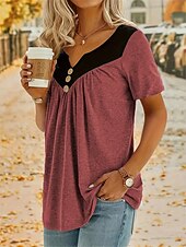 abordables T-shirt uni-Femmes Hauts d&#039;été Moderne Col en V Hauts Réguliers Rouge Vert Kaki Gris Été