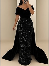 abordables Vestidos de baile-A-Line Sheath Column Floor Length Evening Gown Ball Gown with Overskirt Formal Dress Elegant Glittering Black Dress Short Sleeve Off Shoulder Wedding Formal Satin Velvet with Glitter