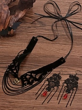 abordables Accesorios de Halloween-Conjunto de collar y pendientes de araña y calavera de Halloween para mujer: diseño de red de encaje negro con gema roja, perfecto para fiestas y disfraces de Halloween.
