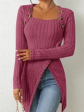 cheap Plain tee-Women's T Shirt Tee Top Buttons Asymmetrical Solid Color Elegant Fashion Long Sleeve Square Neck Regular Tops Daily Weekend Black Brown Rose Pink Gray Spring Fall