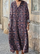abordables Robes Boho-Femmes Robe Midi Robe d&#039;Été Robe trapèze Vacances Occasionnel Boho Soirée Fête Plage Coupe Ample Fleuri Graphique Géométrique manche longue Col en V Rouge Foncé Rose Claire Bleu Violet Été Printemps