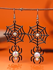 levne Halloweenské doplňky-Sada dámských visících náušnic na Halloween – pavučina a pavouk, lebka, netopýr a duch, lehká černá slitina s kamínky, gotický styl pro kostýmní večírky, cosplay a večerní zábavu