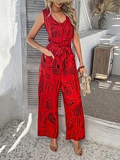cheap Vacation Jumpsuit-Women's Normal Jumpsuit Active Geometric Sleeveless Wide Leg V Neck Lace up Print Daily Vacation Loose Fit Black Red Green Summer