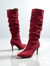 baratos Botas Slouch-Botas femininas de cano alto, estilo slouch, de camurça sintética bege, com salto agulha - calçados da moda outono para looks estilosos do dia a dia e para encontros casuais