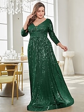 economico Semi-formale / Cocktail-Linea ad A Lunghezza al pavimento Abiti da festa Elegante Manica Lunga Scollo a V Formale Invitato a matrimonio autunnale Con Paillettes con Glitter Paillettes