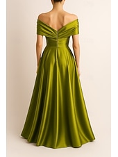 abordables Robes de Soirée en A-Ligne A Robe de Soirée Élégant Robe de soirée Formel Mariage Longueur au sol Sans manches Épaules Dénudées Satin Extensible avec Plis Froncé Fente 2025