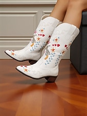 levne Cowboy &amp; Western Boots-Dámské vyšívané kovbojské boty do západního stylu s motivy zbraní a srdce - boty do poloviny lýtek vyjadřující lásku a mír, stylová městská ležérní obuv pro módní ženy
