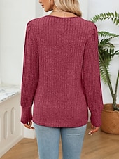 halpa Yksinkertaiset paidat-Naisten Neulos Pusero Päivittäin Tyylikäs Vapaa-aika Väripalikka Joustin V kaula-aukko Kudottu Pitsinauhat Pitkähihainen Tavalliset topit Neuloa Päivittäin Pyhäpäivä Bile Viininpunainen Musta Syksy