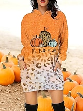abordables Robe d&amp;#39;Halloween-Robe Sweat à Capuche Femme Halloween Imprimé Citrouille Mini Robe Robe Tunique Décontractée Vacances Week-end Coupe Lâche Graphique Citrouille Manches Longues Capuche Noir Violet Orange Gris Automne