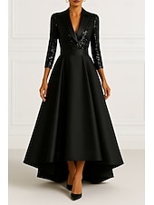 abordables Robes de smoking-Blazer noir extensible à paillettes, robe de soirée trapèze, robe élégante de mariage formelle, longueur au sol, manches 3/4, revers en satin avec plis pailletés, 2025