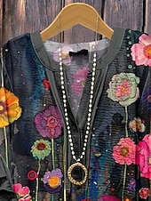 abordables Camiseta floral-Mujer Camiseta Volante Estampado Floral Moda Moderno Manga 3/4 Escote en Pico Tops regulares Diario Negro Verano