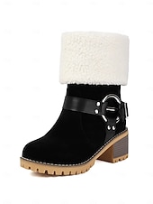 baratos Botas de neve e inverno-Botas femininas de camurça sintética com punho e fivela de pele de carneiro – botas casuais de inverno com salto grosso para atividades ao ar livre, viagens e looks aconchegantes