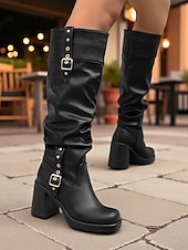 abordables Bottes souples-Bottes hautes en similicuir noir pour femme avec brides à boucle et talons carrés - Bottes tendance automne-hiver pour un usage quotidien, un style urbain et des tenues décontractées