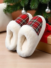 baratos Chinelos de mulher-chinelos de Natal xadrez vermelhos para mulheres com forro de pele sintética e sola acolchoada – sapatos confortáveis para usar em casa, para presentes de inverno e feriados