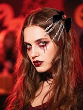 levne Halloweenské doplňky-Dámská černá sponka do vlasů s mašlí v gotickém stylu s detailem kostlivé ruky, ideální na halloweenskou párty.
