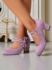 olcso 1950-es évek-női lila Mary Jane magassarkú cipő - vastag sarkú velúr elegáns cipő dupla masnipánttal, 1950-es évekbeli vintage ihletésű stílus esküvőkre, partikra és elegáns mindennapi viseletre