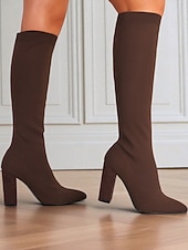 abordables Botas de moda-Botas altas hasta la rodilla rojas para mujer: botas largas de punto elástico, punta puntiaguda y tacón grueso para atuendos de otoño-invierno, fiestas y looks urbanos de moda.