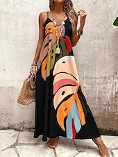 cheap Print Floral Dresses-Women's Long Dress Maxi Dress Summer Dress Slip Dress Fashion Modern Daily Beach Weekend Regular Fit Leaf Tropical Sleeveless V Neck Black Summer Spring