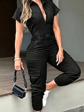 cheap Vacation Jumpsuit-Women's Normal Jumpsuit Streetwear Solid Color Short Sleeve Cargo Pants Shirt Collar Pocket Street Daily Regular Fit Black White Khaki Fall