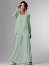 voordelige Broekpakken van mama-Pantsuit 3-delige Moeder van de Bruid Formele Bruiloft Gast Elegante Plus Size Wrap Vloerlengte Chiffon Mouwloos met Kant gratis op maat