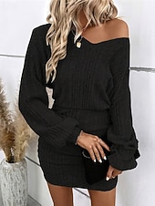 abordables Robes pull-Femmes Mini Robe Robe Tricot Robe Décontractée Moulant Mode Moderne Manche Chauve-souris Quotidien Week-end Coupe régulière Uni manche longue Col en V Noir Kaki Été Printemps Automne