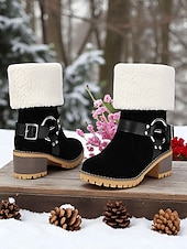 baratos Botas de neve e inverno-Botas femininas de camurça sintética com punho e fivela de pele de carneiro – botas casuais de inverno com salto grosso para atividades ao ar livre, viagens e looks aconchegantes